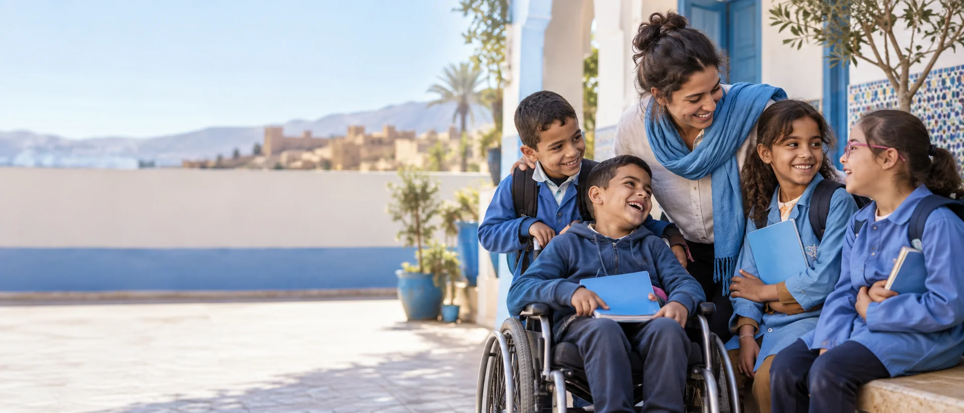 Illustration : une bénévole entourée d’enfants dans une cour, dont un enfant en fauteuil roulant.