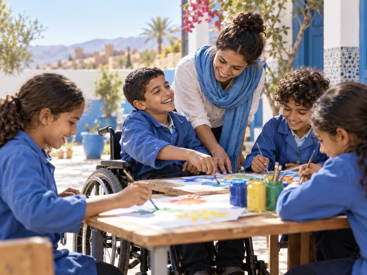 Illustration : un enfant en fauteuil roulant participe à un atelier de peinture avec d’autres enfants.