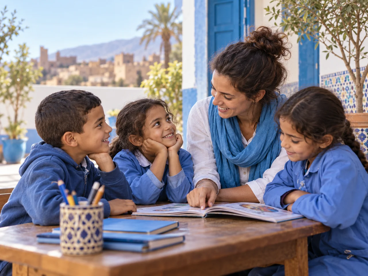 Illustration : une bénévole et trois enfants partagent un moment de lecture autour d’une table.