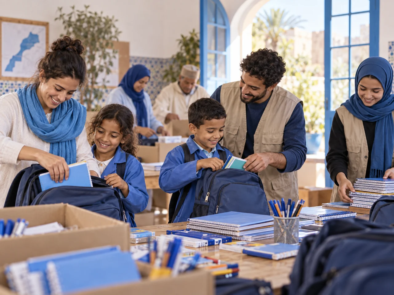 Illustration : des bénévoles et des enfants préparent des cartables et des fournitures scolaires.
